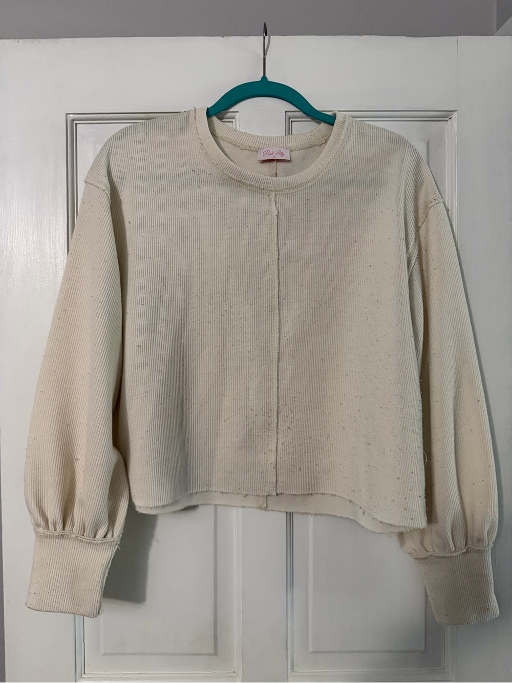 Pink Lily Cream Ribbed Crew Sweatshirt with Balloon Sleeves